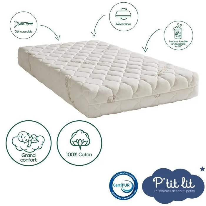 Matelas Bébé Coton Bio - 60x120x10 cm - 100% Coton - Déhoussable - Sans traitement chimique-2