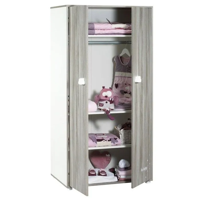 Armoire bébé Smile ours - Chêne silex - Blanche - 2 portes - 168x85x57cm - Babyprice-1