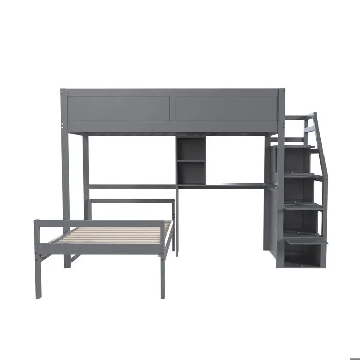 Lit superposé 90x200cm en bois massif - avec escalier de rangement et bureau - Gris-3
