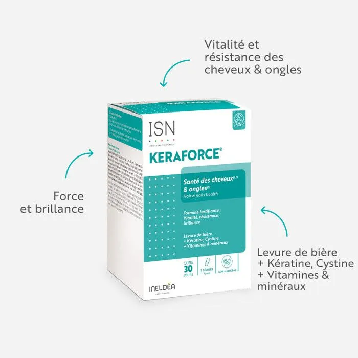 ISN Keraforce - Complément alimentaire à base de Kératine, Levure de bière, Vitamines - Nourrit les cheveux et les ongles Cure 30j-3
