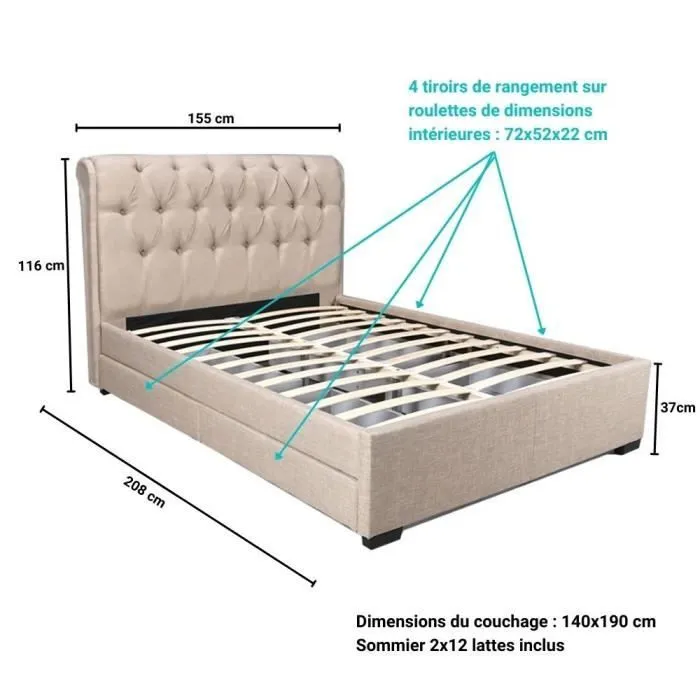 Lit avec tiroirs - LEQUAIDESAFFAIRES - CHELSEA - Bois massif - Beige - 140x190 cm-3