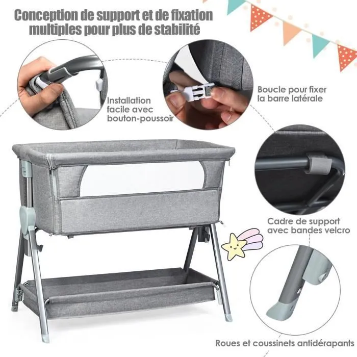 COSTWAY Lit Cododo Bébé avec Matelas Amovible 3,5CM Hauteurs Réglables Panier de Rangement Roues Intégrée à 15KG 0-6 Mois Gris-1
