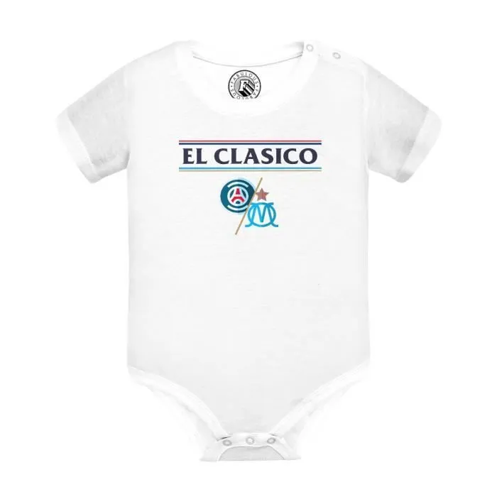 Body Bébé Manche Courte Blanc El Clasico Paris Marseille Sport Foot Ballon-0