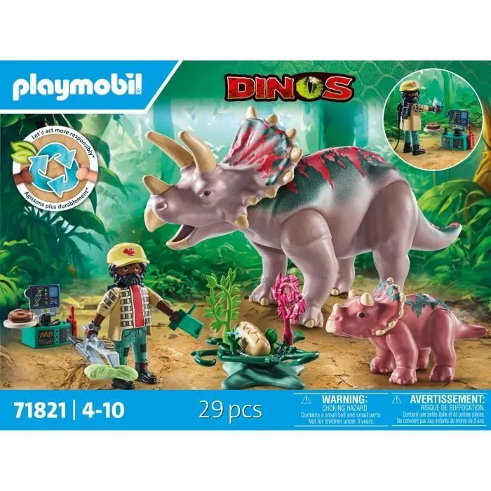 PLAYMOBIL 71821 Tricératops avec bébé et explorateur, Dinos, 29 pièces, Dès 4 ans-3