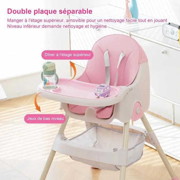 K IKIDO Chaise haute bébé, Chaise Haute Évolutive,De 6 mois à 3 ans,chaise 2 en 1 avec harnais 5 points, rose-3