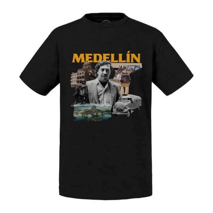 T-shirt Enfant Noir Medellin Collage Colombie Escobar Voyage Carte Postale-0