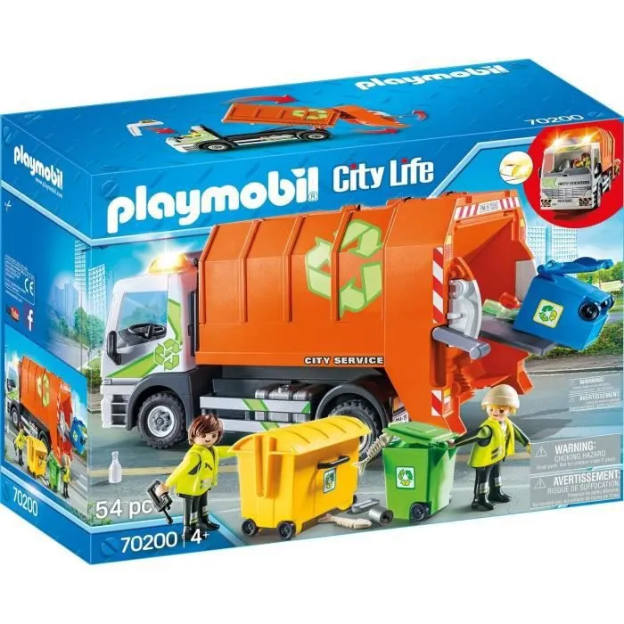 PLAYMOBIL - City Life - Camion de recyclage poubelle - Avec 2 personnages et 3 poubelles-0