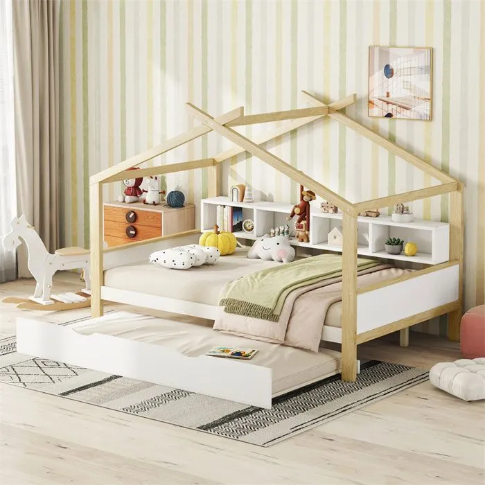 Lit cabane 140x200cm, lit de maison d'enfant, équipé d'un lit gigogne, 4 compartiments de rangement, blanc-0