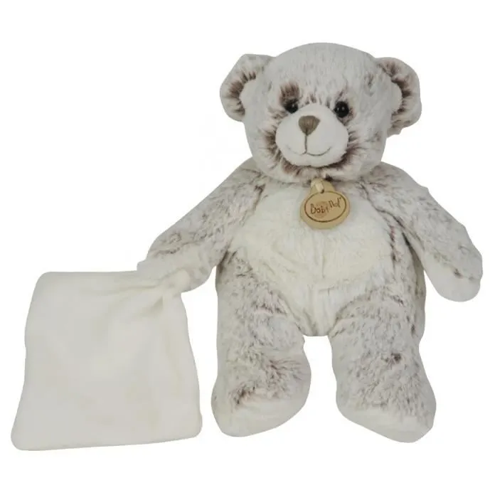 Bebeboutik Babynat Les Flocons Doudou ours brun chine Pantin mouchoir blanc Peluche bebe 22 cm garcon ou fille