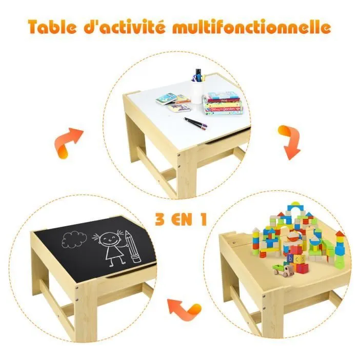 COSTWAY Ensemble Table et 2 Chaises pour Enfants, 2 Face (Noir et Blanc), 2 Boîtes de Rangement, pour Dessin,Manger, Etudier, Jouer-1