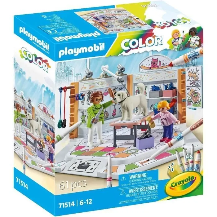PLAYMOBIL Color 71514 Salon de toilettage, Crayons Crayola pour dessiner sur les personnages, 61 pièces, Dès 5 ans-4
