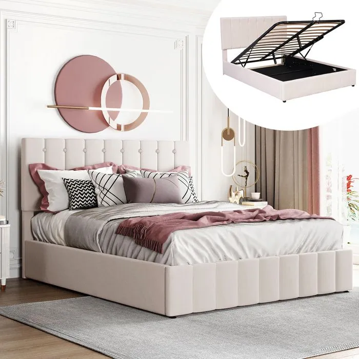 ModernLuxe Lit coffre adulte 140x200cm, lit double contemporain, en velours, avec sommier + espace de rangement, beige-1