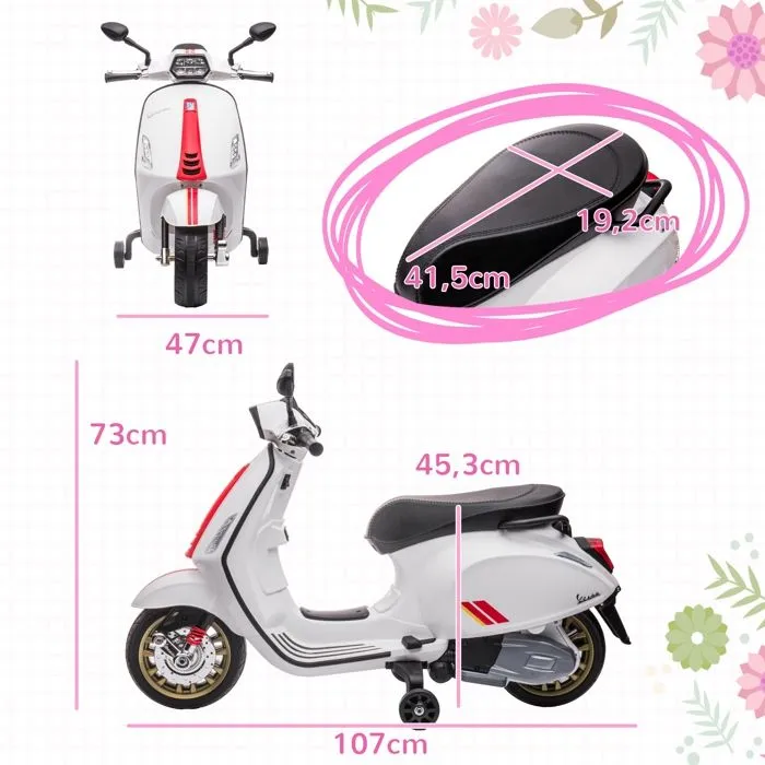 Scooter électrique enfant AIYAPLAY Vespa 6 V dim. 107L x 47l x 73H cm Musique MP3 Port USB Phare 2 roulettes, pour 3-6 ans, Blanc-3
