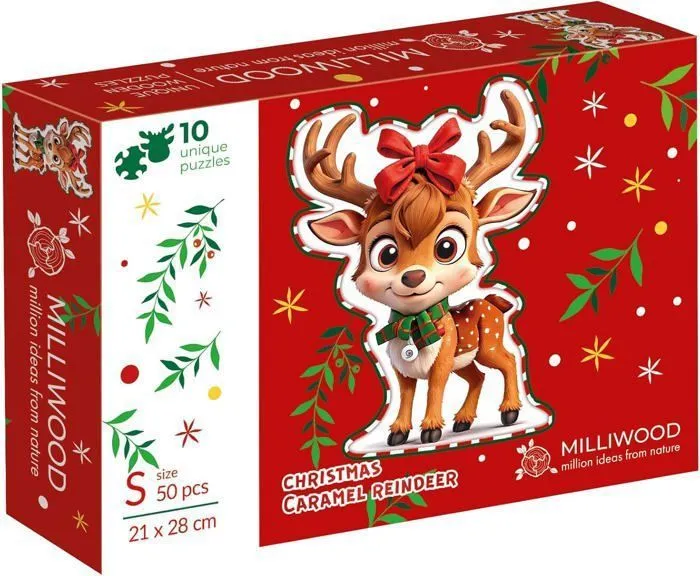 Puzzles en bois, motif Noël, série Christmas, 25x31 cm, 50 pièces, kit Caramel Reindeer - Miliwood-2