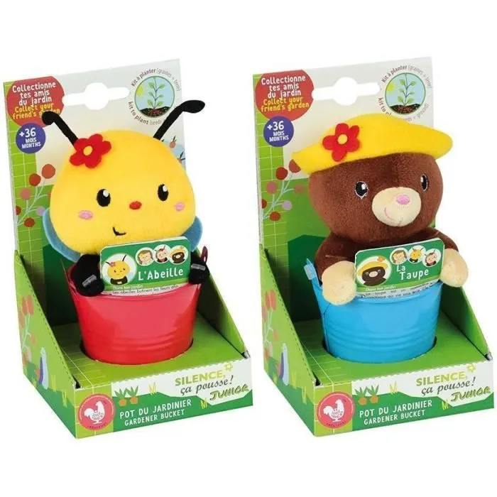 SILENCE CA POUSSE Lot de 2 pots du jardinier avec peluches +/- 13 cm : abeille et taupe-1