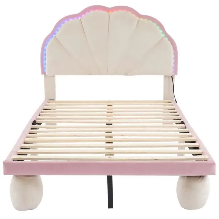Lit enfant 90x200cm, lit rembourré avec LED, tête de lit en forme de coquille, sommier à lattes, tissu en velours, beige + rose-1