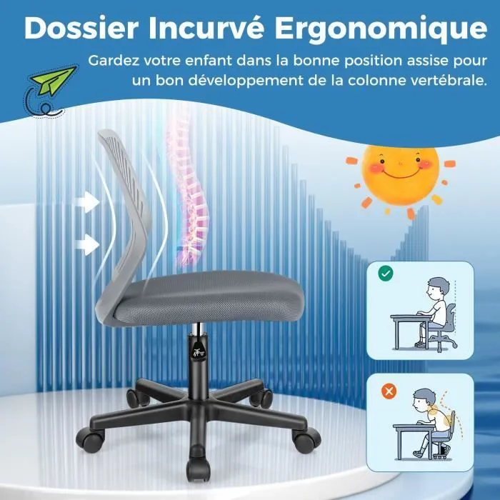 COSTWAY Chaise de Bureau Ergonomique en Maille, Hauteur du Siège Réglable 41-53 cm, pour Enfant, Adolescent, Adulte, Gris-2