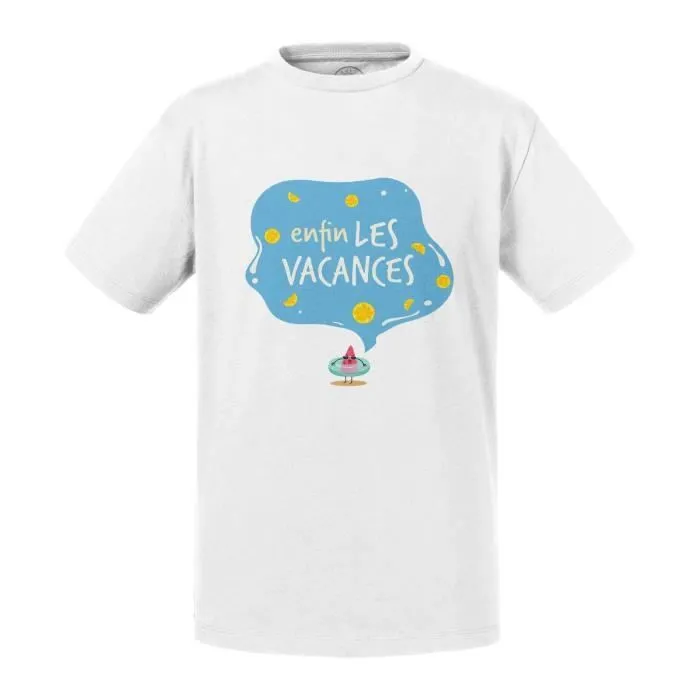 T-shirt Enfant Blanc Enfin Les Vacances Été Plage mer Bouée Soleil-0