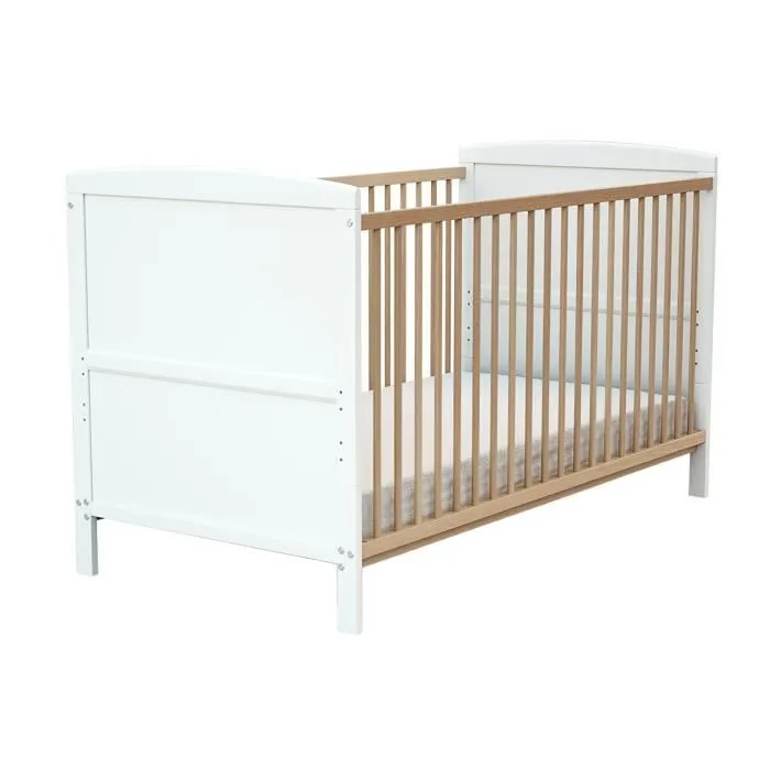 AT4 - Lit bébé évolutif avec matelas ESSENTIEL en bois 70 x 140 cm - Blanc et Hêtre Verni --0