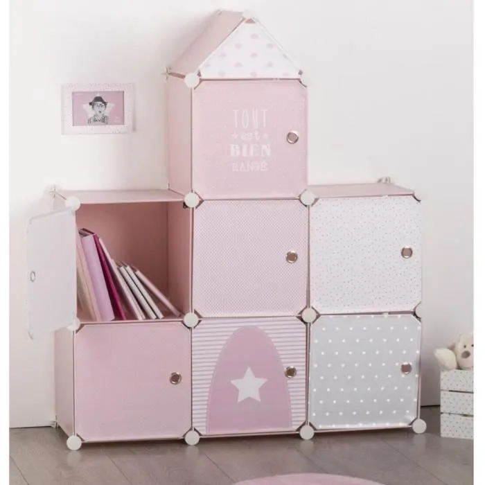 Meuble de rangement colonne Armoire de rangement jouets- Forme Château - Coloris ROSE GRIS et BLANC-0