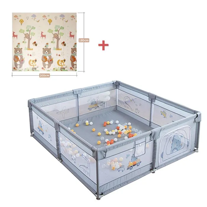 Parc Bébé avec 60 boules-Avec Tapis-2 Anneaux de Traction-Portable Centre d'activités Pour Enfants-180x200x65cm-Gris-0