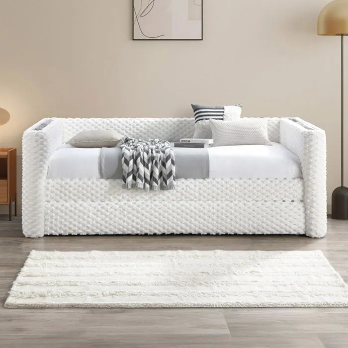 LEANA - Lit gigogne tissu blanc 90x190 cm-2