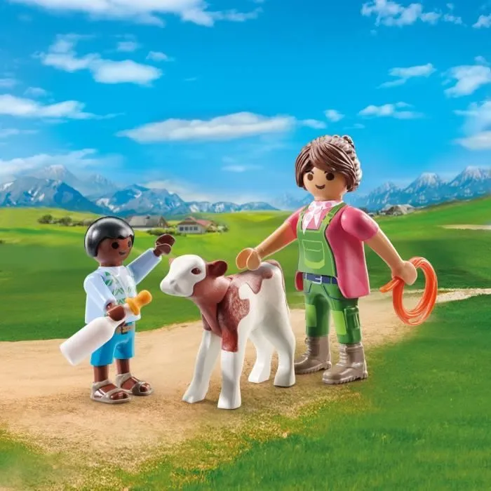 PLAYMOBIL 71803 Fermière et enfant avec veau, Duo Pack, Country La vie à la ferme, Dès 4 ans-1