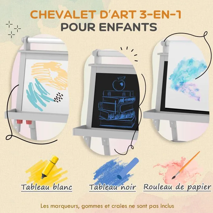 Tableau chevalet enfant AIYAPLAY 3 en 1 tableau blanc magnétique, tableau à craie rouleau papier 2 paniers intégrés - 3-6 ans gris-4