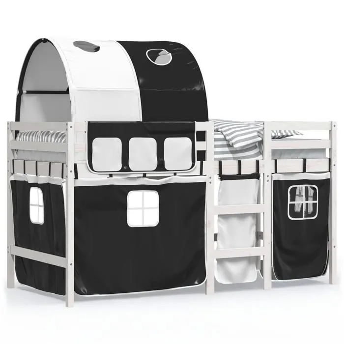 vidaXL Lit Mezzanine Enfants avec Tunnel, Lit Intermédiaire avec Rangement, Meuble de Chambre à Coucher, Moderne, Blanc/Noir 3283838-1