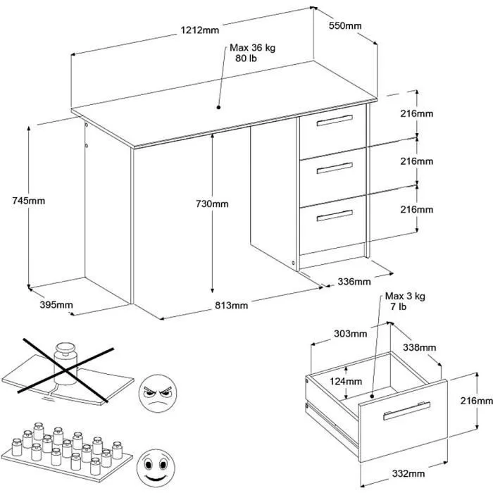 Bureau droit ESSENTIEL - 3 tiroirs - Décor chêne et blanc - L 121,2 x P 55 x H 74,5 cm - PARISOT-7