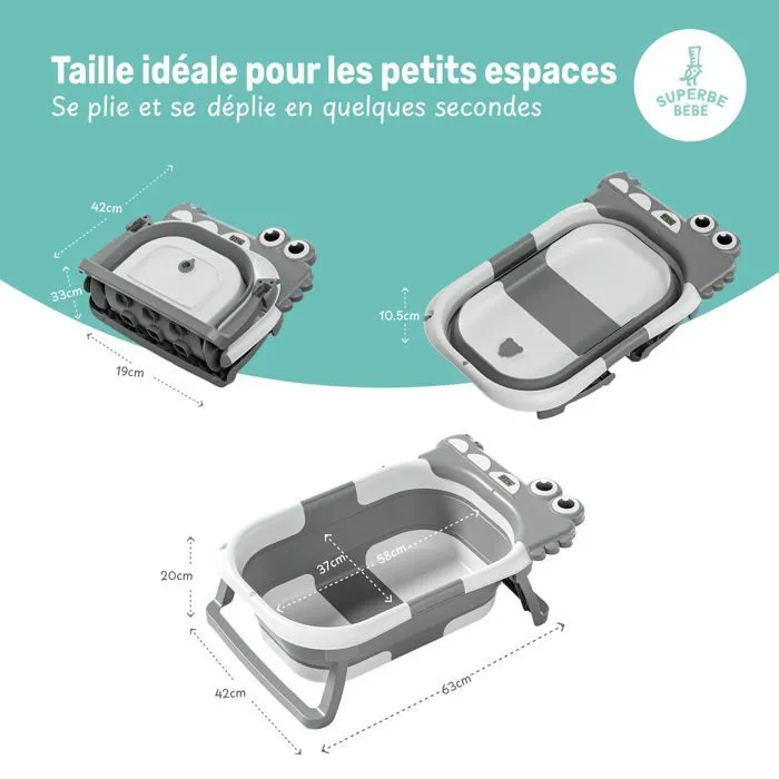 Baignoire bébé pliable - Thermomètre et coussin inclus - DINO - Grey | SUPERBE BEBE-4
