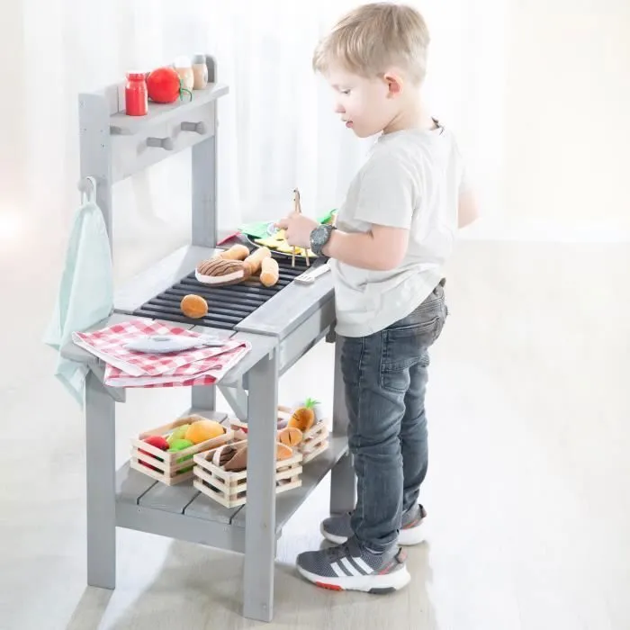 Cuisine d'Extérieur pour Enfants BBQ en Bois Massif - ROBA - Gris - Résistante aux Intempéries-1