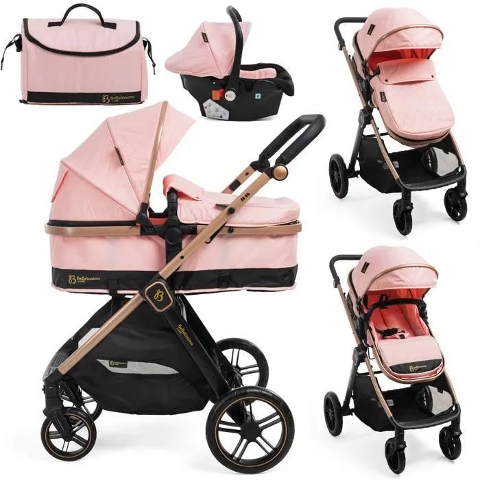 BEBELISSIMO - Poussette combinée trio 3 en 1 - siège auto 0+ IRIS – nacelle – dès la naissance – jusqu’à 22kg  - rose-0