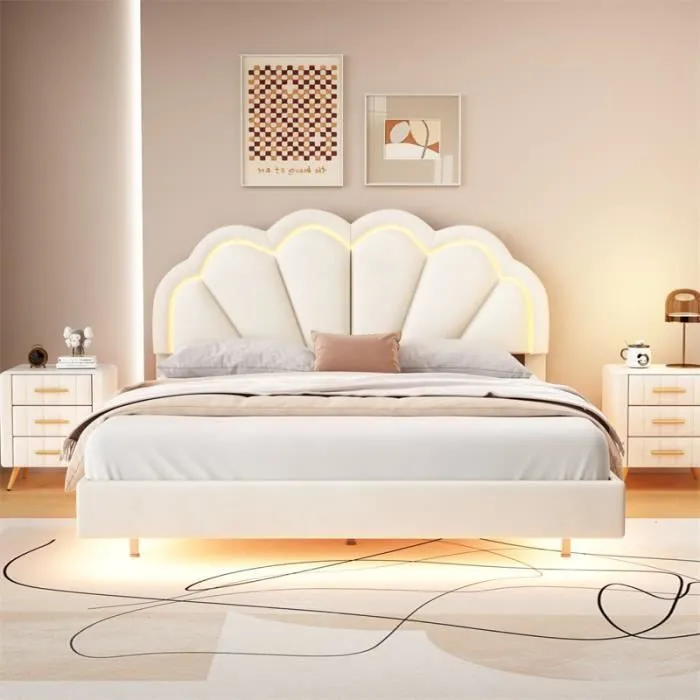 Lit double 140x200cm en velours avec lampes LED pour enfant et adolescents avec sommier à lattes et tête de lit couronne - Blanc-1