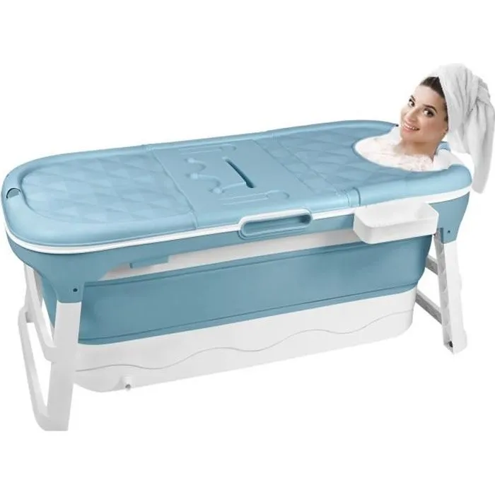 LZQ Baignoire pliable adulte, couvercle amovible, accoudoirs, panier à savon, PP+TPE, 128x62x52cm, bleue, pour salle de bain et SPA-0