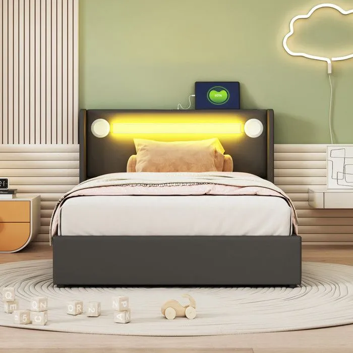 Lit coffre capitonné - Noir - 90x200 cm - LED - Bluetooth - USB-2