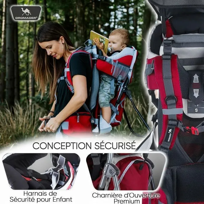 DROMADER Porte Bébé Randonnée - Confortable jusqu'à 22kg - Sac à Dos avec Poche Isolante, Pare-Soleil & Pluie - Rouge-3