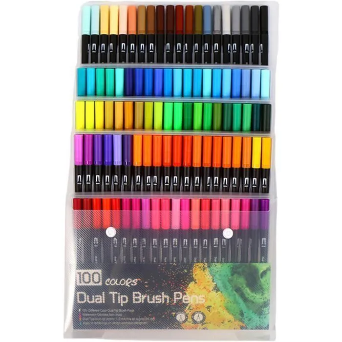 Feutres de Coloriage, 100 Couleurs Art Aquarelle Brosse Pointe Stylos et Pointe Fine pour Adulte Livres de Coloriage, Dessin-0