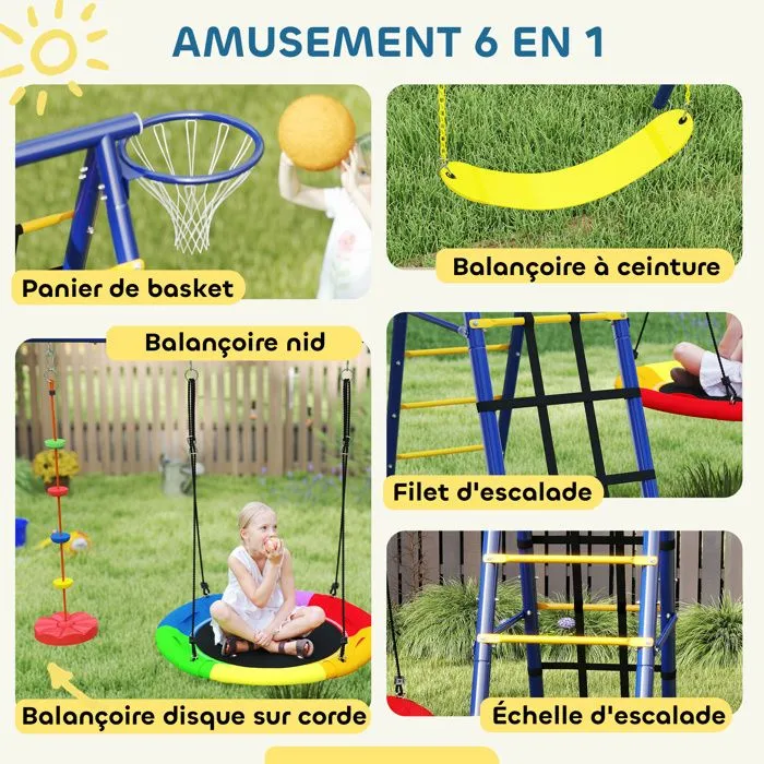 Portique balancoire exterieur - AIYAPLAY - 6 en 1 - 3 balançoires, panier de basket, échelle d'escalade et filet - multicolore-4