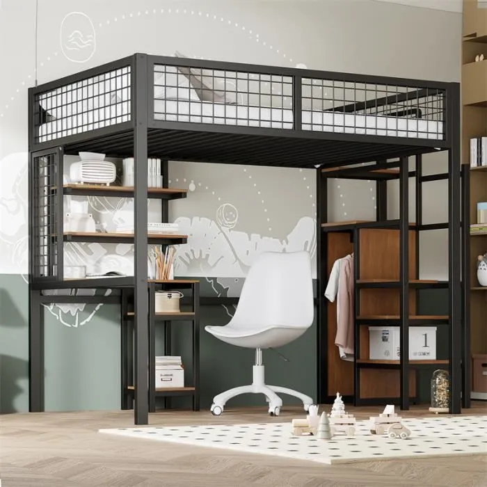 Lit mezzanine - Enfant - 140x200cm - Métal noir - Échelle de sécurité - Bureau intégré-0