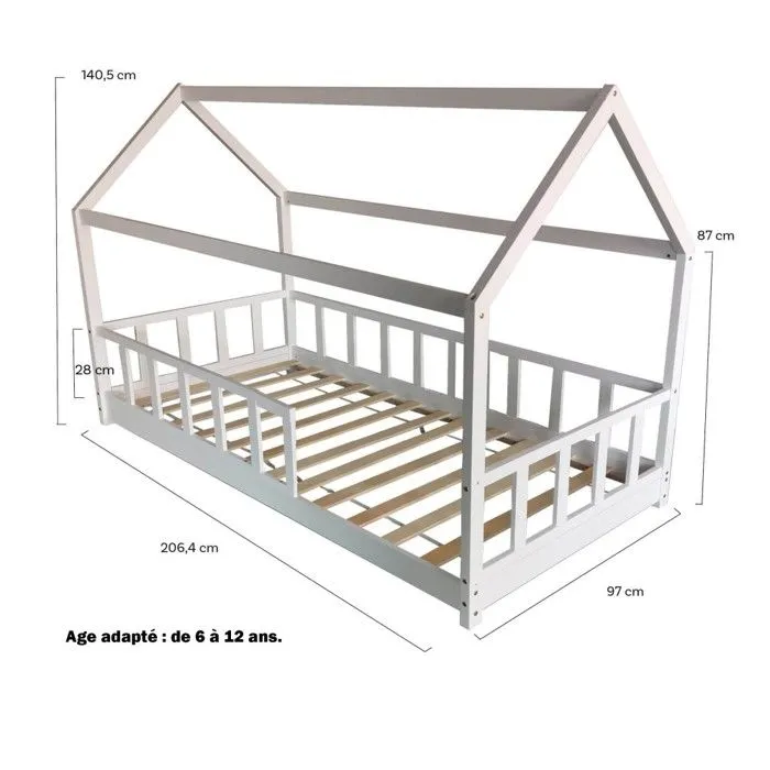 Lit cabane Kiwi 90x200 + 1 sommier + barrière /Blanc-3