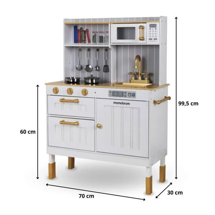 Cuisine Enfant En Bois 70*30*99,5 Mamabrum- Cuisine évolutive sur pieds, Dinette Ustensiles Tablier Frigo Micro-ondes Plaque-2