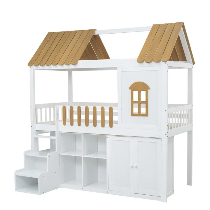 Lit mezzanine 90x200 cm - en bois de pin - avec étagères, armoire et escalier de rangement - Blanc & Naturel-2
