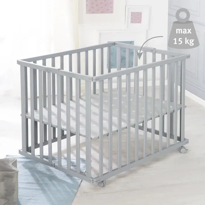 Parc bébé pliable - ROBA - LITTLE STARS - 75 x 100 cm - Hauteur réglable - 4 Roues freinées - Bois Laqué Gris Taupe - Motif Étoile-5
