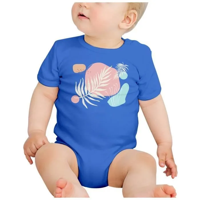 Body Bébé Manche Courte Bleu Feuille Pastel Tropical Exotique Jungle Minimaliste-1