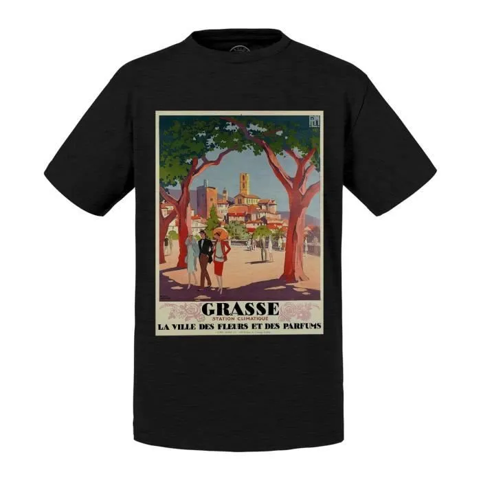 T-shirt Enfant Noir Grasse France Affiche Poster Vintage Tourisme Art Deco 30's-0