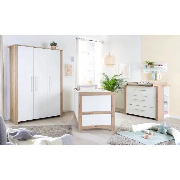 Chambre Bébé Complète ROBA - Malo - Lit Évolutif 70x140 cm + Commode à Langer + Armoire 3 Portes - Blanc - Décor Chêne-0