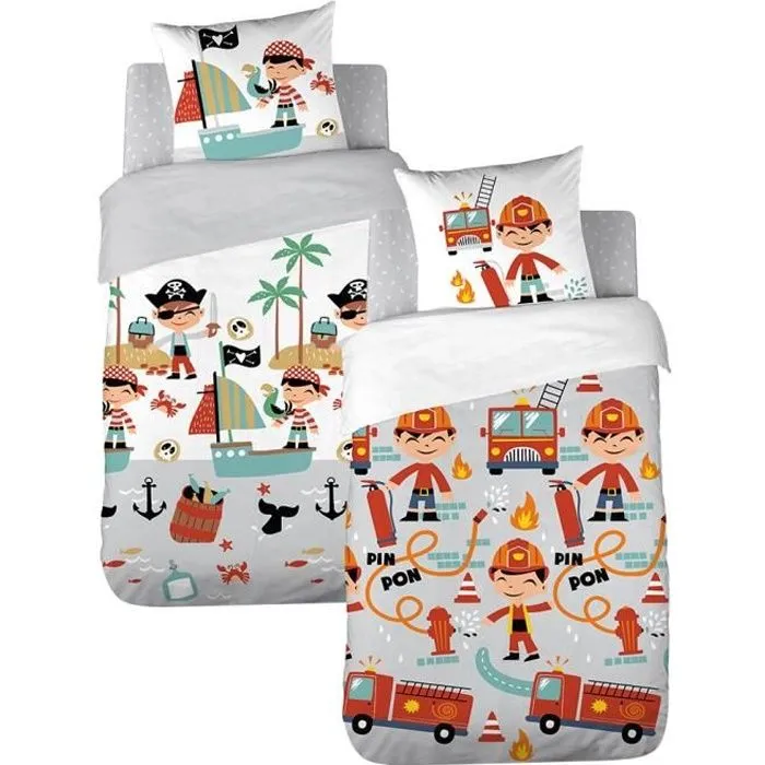 Parure de lit Enfant Réversible Pompier et Pirate Housse de Couette 140x200cm + 1 taie d'oreiller 63x53cm 100% Coton Bio*-0