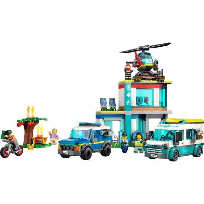 LEGO® City 60371 Le QG des Véhicules d’Urgence, Hélicoptère Jouet, Moto et Voiture de Police-1