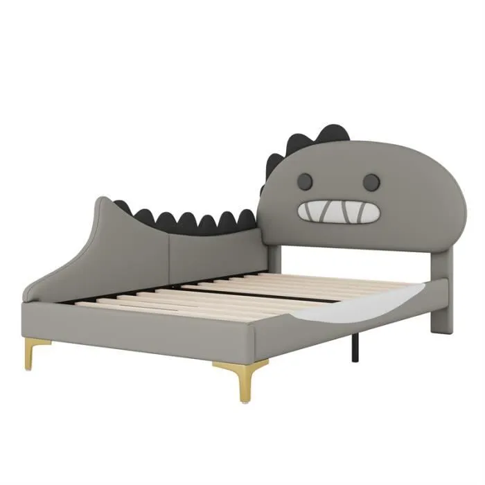 Lit d'enfant - Dinosaure - 90x200cm - PU - Gris - Tête de lit originale-2